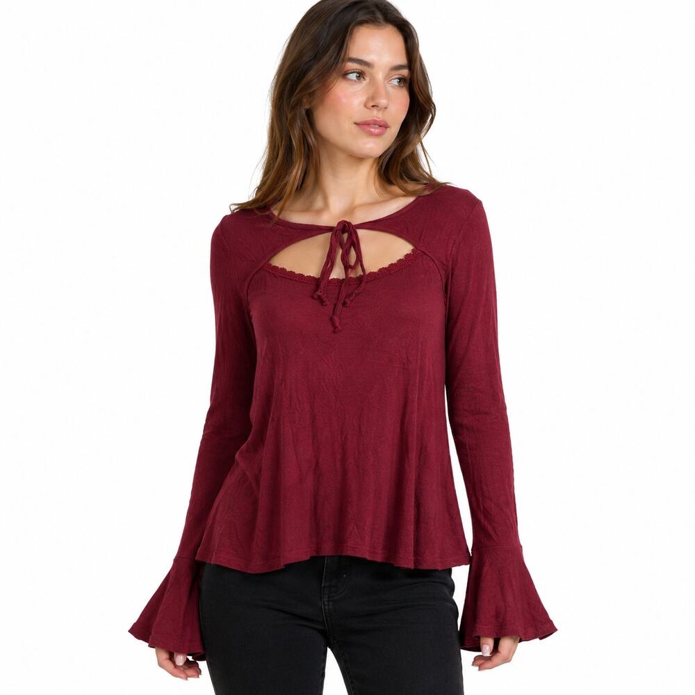 NWT H.I.P. Stitch Fix Burgundy Keyhole Tie Top XS Boho Ruffle Flare Long Sleeve